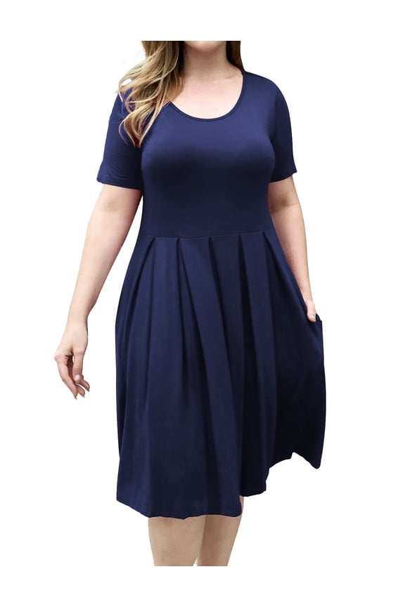 Women's Plus Size Dresses Short Sleeve Crew Neck Pleated Swing Dress with Pockets (L-4XL)