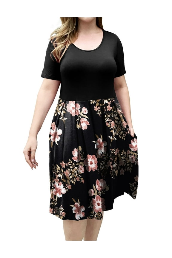 Women's Plus Size Dresses Short Sleeve Crew Neck Pleated Swing Dress with Pockets (L-4XL)