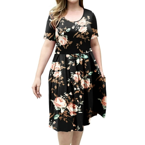 VERABENDI Women's Plus Size Dresses Short Sleeve Crew Neck Pleated Swing Dress with Pockets (L-4XL)