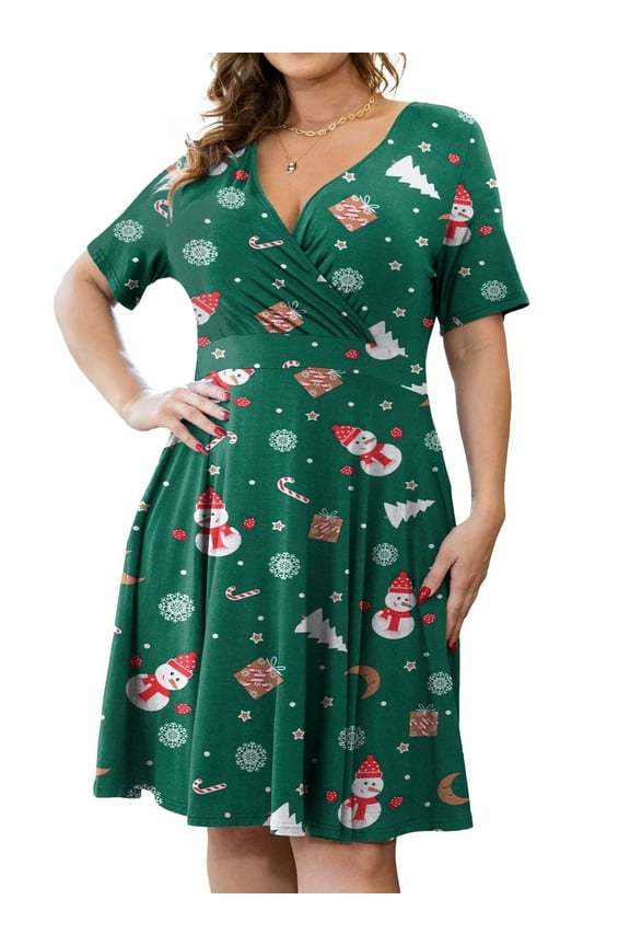 Women's Plus Size Dresses Short Sleeve Knee Length Casual Sexy V-Neck Dress with Pockets, L-4X