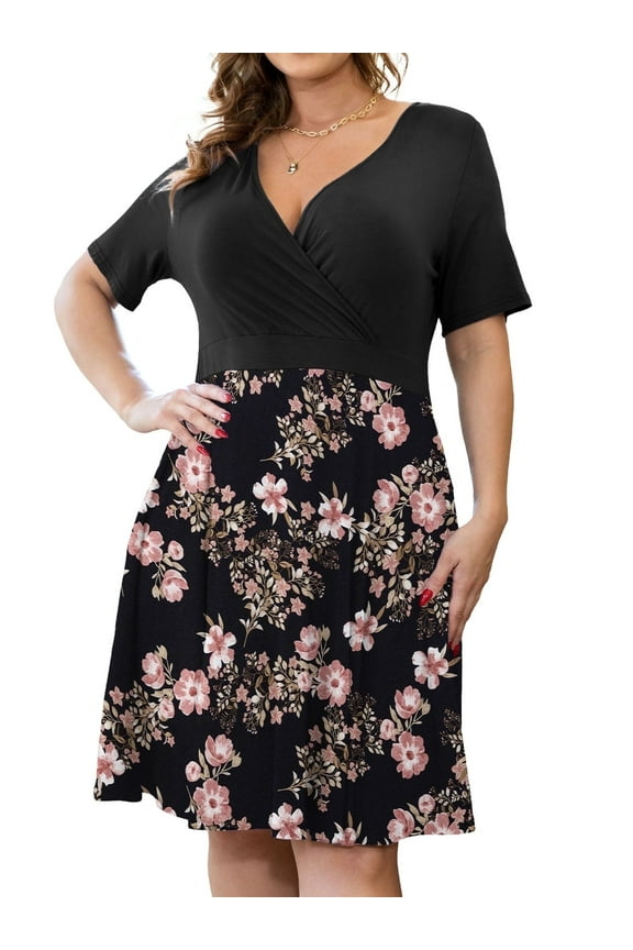 Women's Plus Size Dresses Short Sleeve Knee Length Casual Sexy V-Neck Dress with Pockets, L-4X