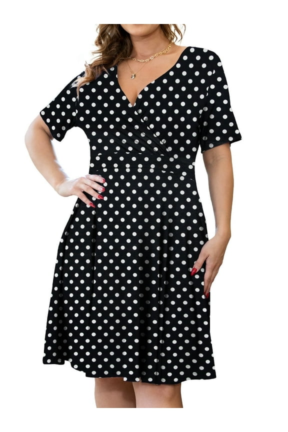 Women's Plus Size Dresses Short Sleeve Knee Length Casual Sexy V-Neck Dress with Pockets, L-4X