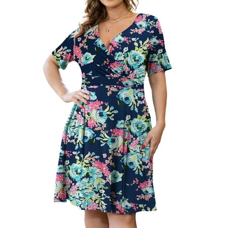 VERABENDI Women's Plus Size Dresses Short Sleeve Knee Length Casual Sexy V-Neck Dress with Pockets, L-4X