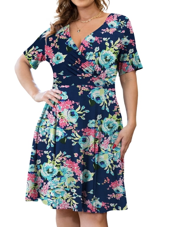 Women's Plus Size Dresses Short Sleeve Knee Length Casual Sexy V-Neck Dress with Pockets, L-4X