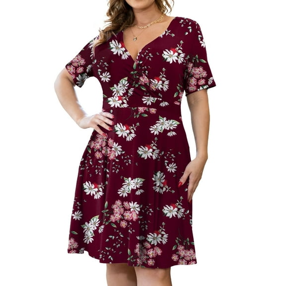VERABENDI Women's Plus Size Dresses Short Sleeve Knee Length Casual Sexy V-Neck Dress with Pockets, L-4X
