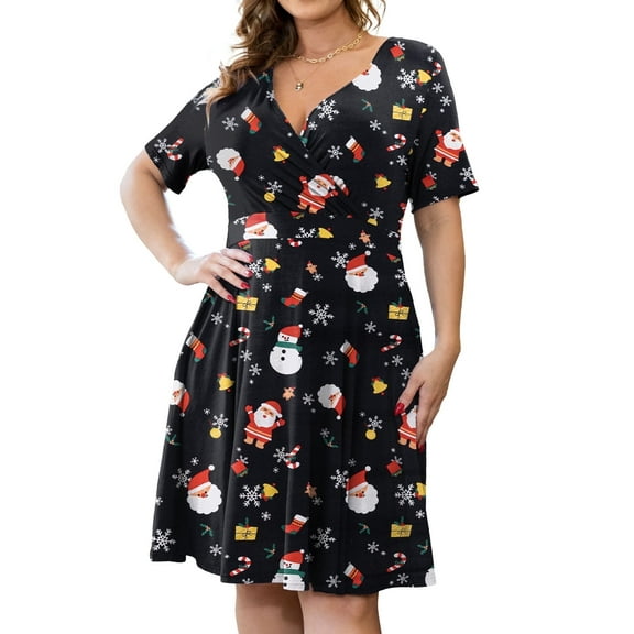 VERABENDI Women's Plus Size Dresses Short Sleeve Knee Length Casual Sexy V-Neck Dress with Pockets, L-4X
