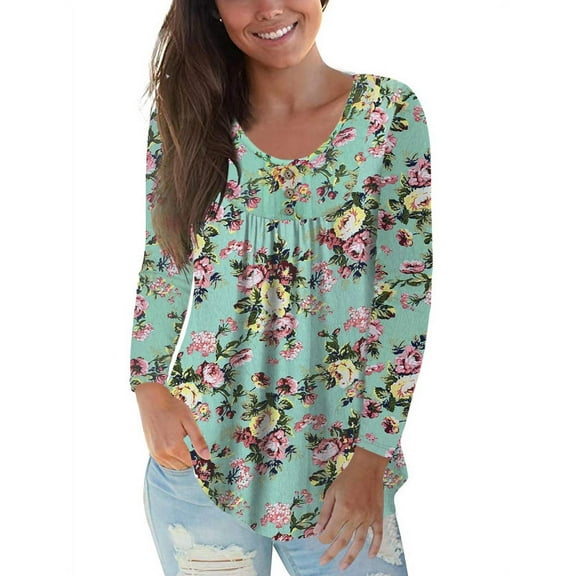 VERABENDI Women's Plus Size Long Sleeve Casual Tunic Tops Floral Blouses Henley T Shirts for Women