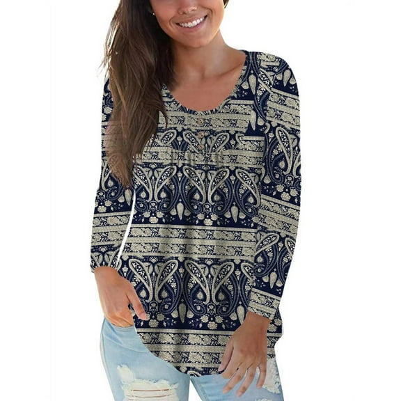 VERABENDI Women's Plus Size Long Sleeve Casual Tunic Tops Floral Blouses Henley T Shirts for Women