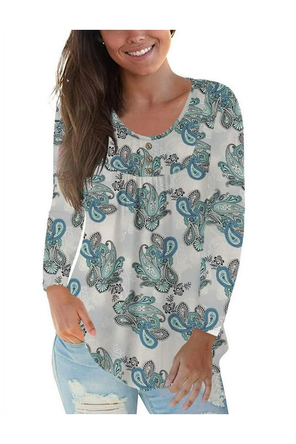 Women's Plus Size Long Sleeve Casual Tunic Tops Floral Blouses Henley T Shirts for Women