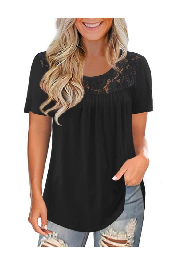 Women's Plus Size Tunic Tops Short Sleeve Casual Lace Pleated Shirts Summer Blouses,M-4XL
