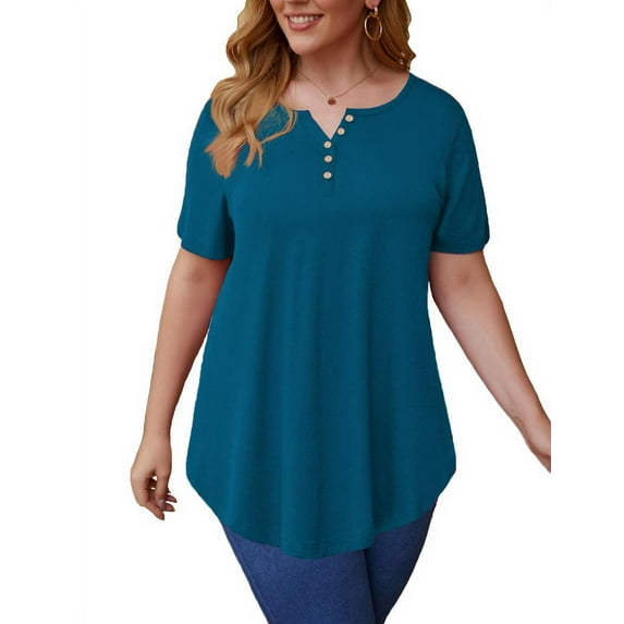 VERABENDI Women’s Plus Size Tunic Tops Summer Short Sleeved Henry Shirts Casual Floral Blouses,M-4XL