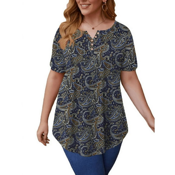 VERABENDI Women’s Plus Size Tunic Tops Summer Short Sleeved Henry Shirts Casual Floral Blouses,M-4XL