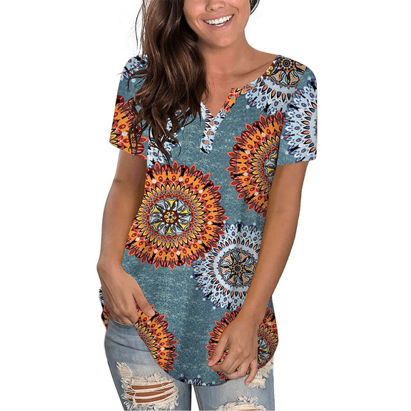 VERABENDI Women’s Plus Size Tunic Tops Summer Short Sleeved Henry Shirts Casual Floral Blouses,M-4XL