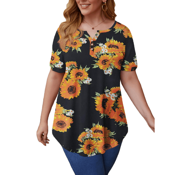 VERABENDI Women’s Plus Size Tunic Tops Summer Short Sleeved Henry Shirts Casual Floral Blouses,M-4XL