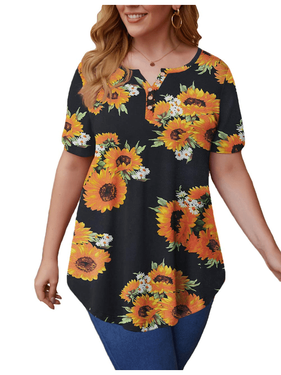 Women’s Plus Size Tunic Tops Summer Short Sleeved Henry Shirts Casual Floral Blouses,M-4XL