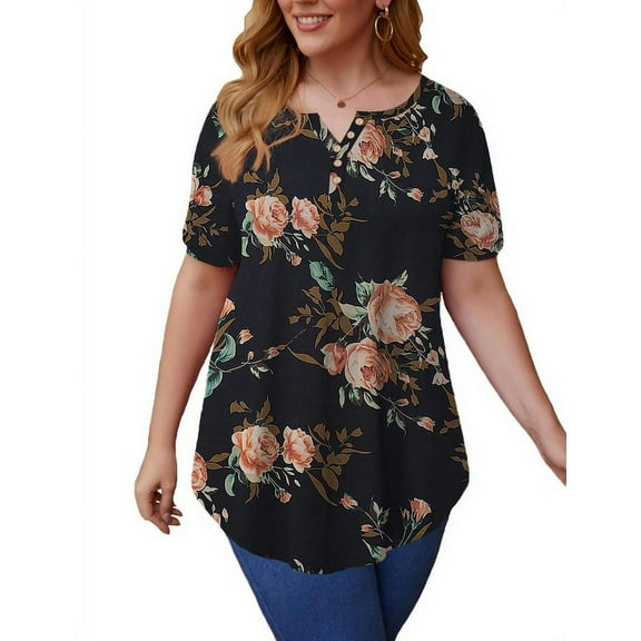 VERABENDI Women’s Plus Size Tunic Tops Summer Short Sleeved Henry Shirts Casual Floral Blouses,M-4XL