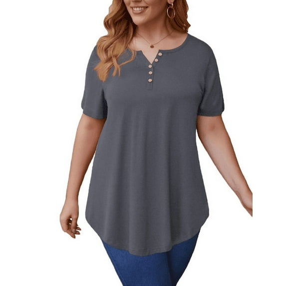 VERABENDI Women’s Plus Size Tunic Tops Summer Short Sleeved Henry Shirts Casual Floral Blouses,M-4XL