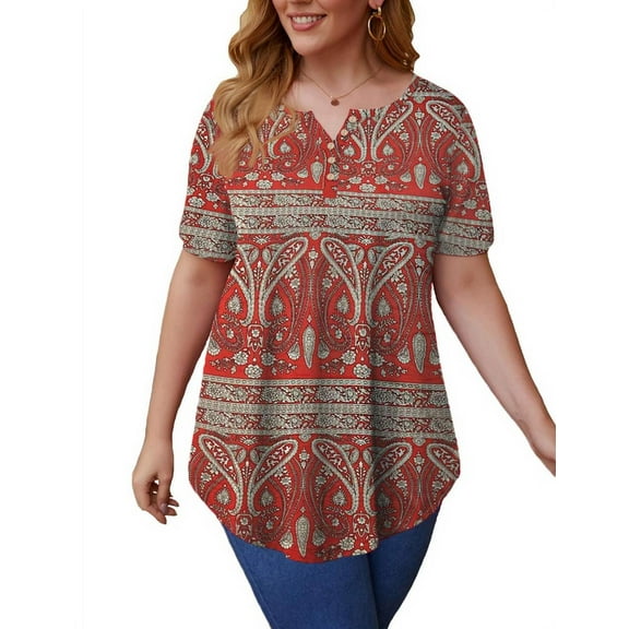 VERABENDI Women’s Plus Size Tunic Tops Summer Short Sleeved Henry Shirts Casual Floral Blouses,M-4XL