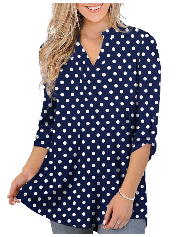 Women's Plus Size Tops 3/4 Sleeve Shirts Dressy Casual Metal Buckle V-Neck Tunic Blouses,M-4XL