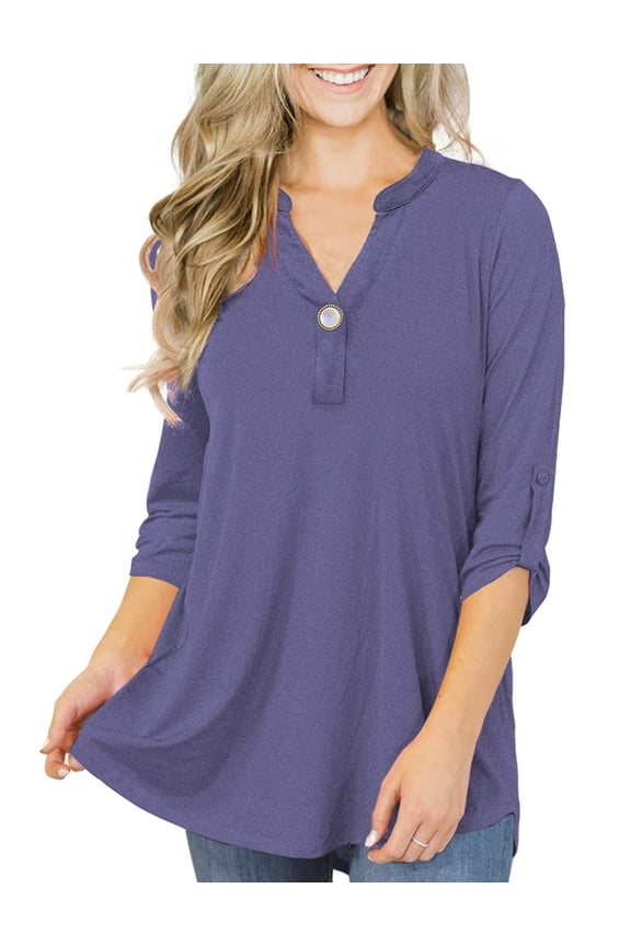 Women's Plus Size Tops 3/4 Sleeve Tunic Shirts A Buckle Decoration V-Neck Blouses,M-4XL