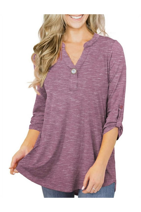 Women's Plus Size Tops 3/4 Sleeve Tunic Shirts A Buckle Decoration V-Neck Blouses,M-4XL