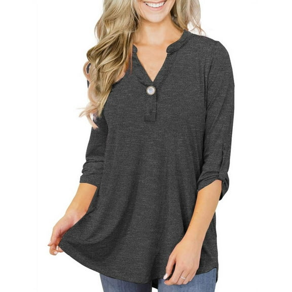 VERABENDI Women's Plus Size Tops 3/4 Sleeve Tunic Shirts A Buckle Decoration V-Neck Blouses,M-4XL