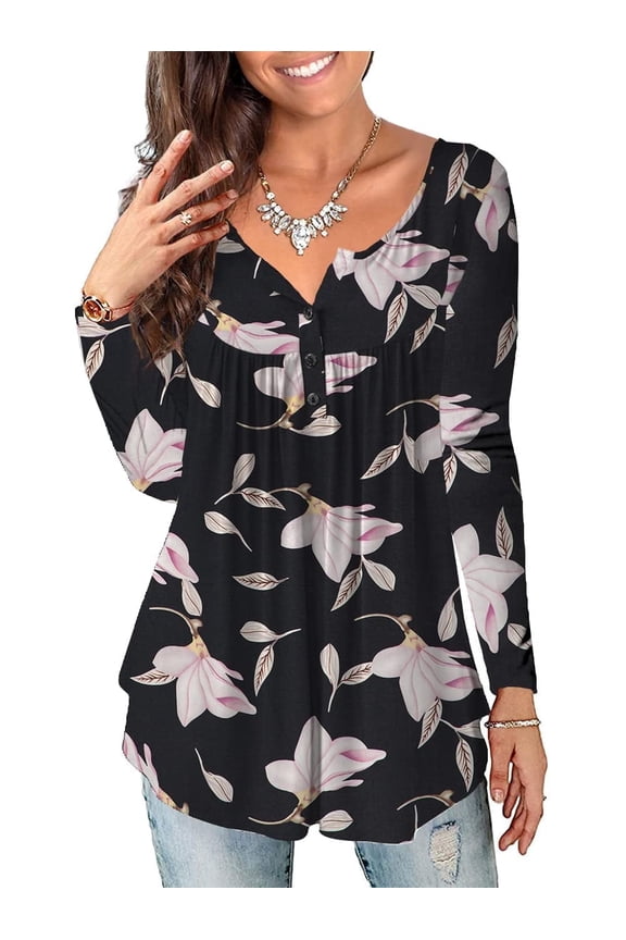 Women's Plus Size Tops Blouses Long Sleeve Button Up V-neck Tunic Shirts, M-4XL