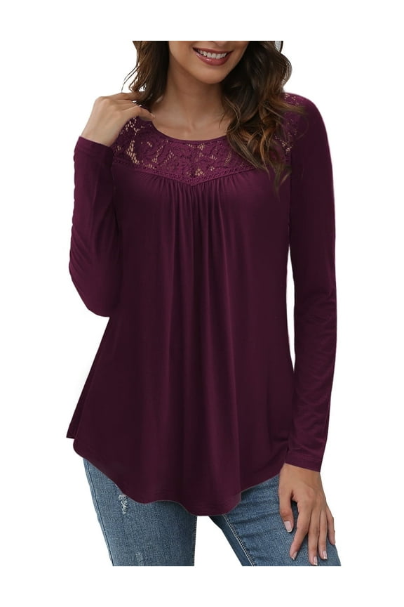 Women's Plus Size Tops Long Sleeve Tunic Shirts Splicing Lace Trim Loose Blouses,M-4XL