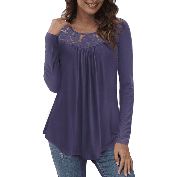VERABENDI Women's Plus Size Tops Long Sleeve Tunic Shirts Splicing Lace Trim Loose Blouses,M-4XL