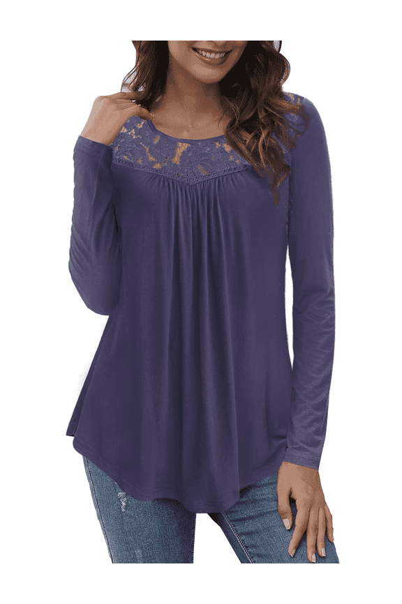 Women's Plus Size Tops Long Sleeve Tunic Shirts Splicing Lace Trim Loose Blouses,M-4XL