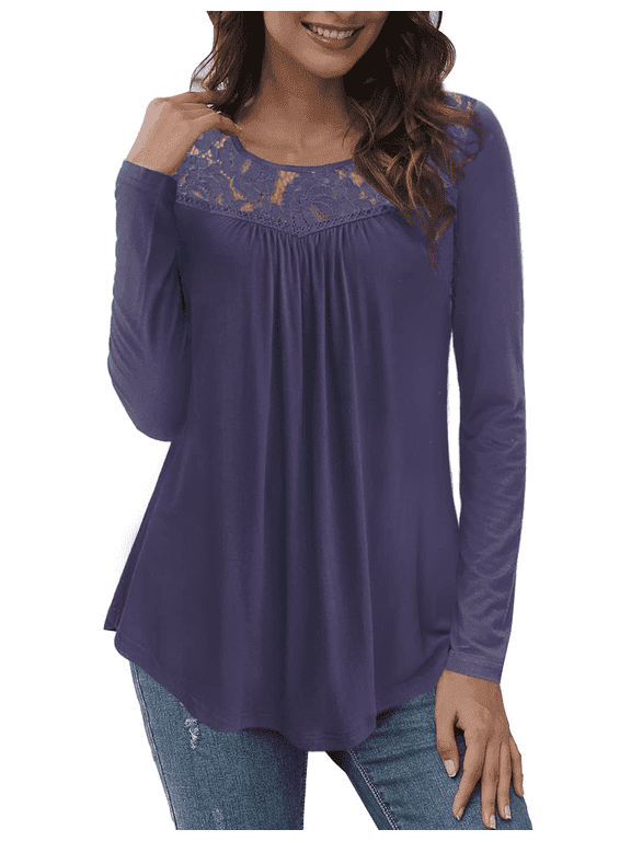 Women's Plus Size Tops Long Sleeve Tunic Shirts Splicing Lace Trim Loose Blouses,M-4XL