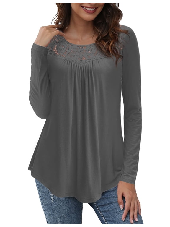 Women's Plus Size Tops Long Sleeve Tunic Shirts Splicing Lace Trim Loose Blouses,M-4XL