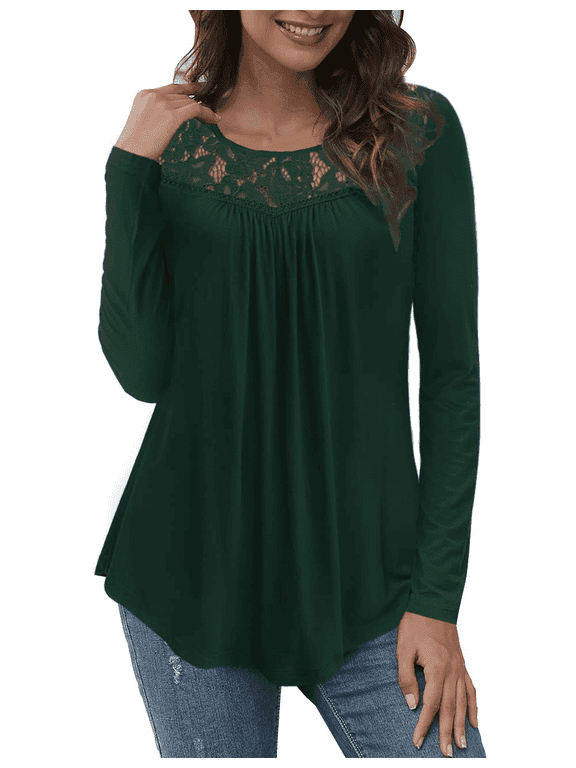 Women's Plus Size Tops Long Sleeve Tunic Shirts Splicing Lace Trim Loose Blouses,M-4XL