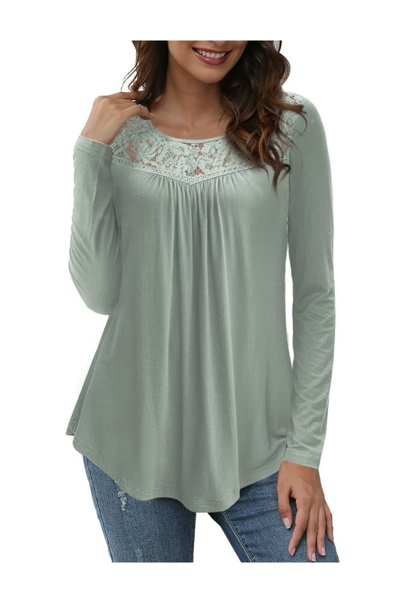 Women's Plus Size Tops Long Sleeve Tunic Shirts Splicing Lace Trim Loose Blouses,M-4XL