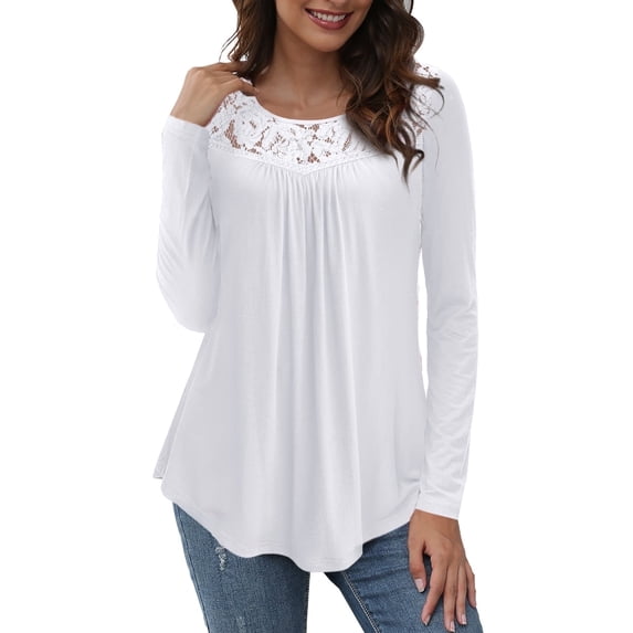 VERABENDI Women's Plus Size Tops Long Sleeve Tunic Shirts Splicing Lace Trim Loose Blouses,M-4XL