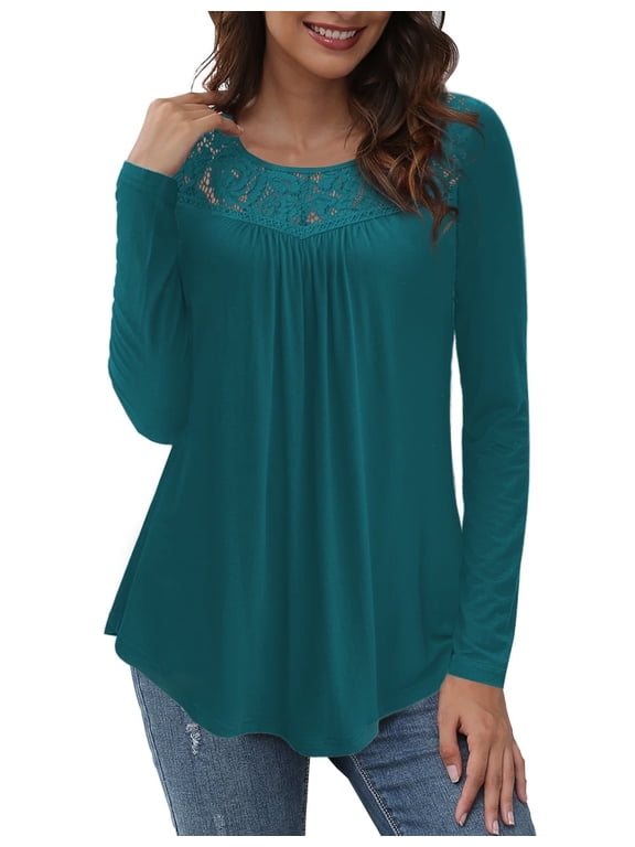 Women's Plus Size Tops Long Sleeve Tunic Shirts Splicing Lace Trim Loose Blouses,M-4XL