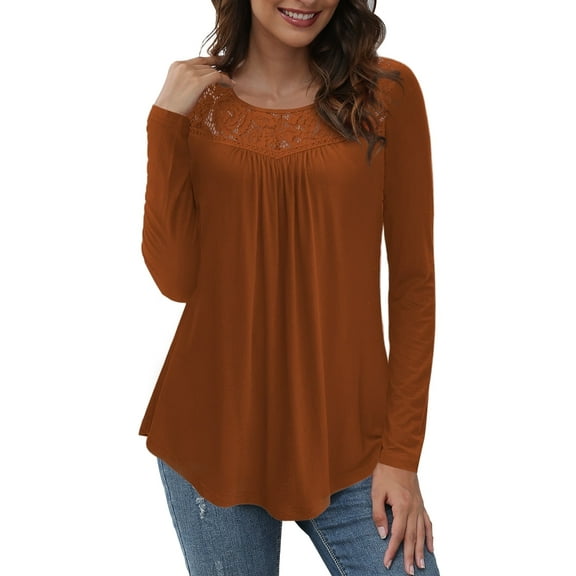 VERABENDI Women's Plus Size Tops Long Sleeve Tunic Shirts Splicing Lace Trim Loose Blouses,M-4XL