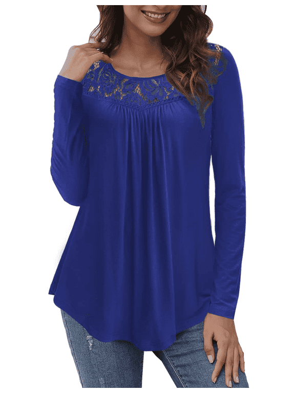 Women's Plus Size Tops Long Sleeve Tunic Shirts Splicing Lace Trim Loose Blouses,M-4XL