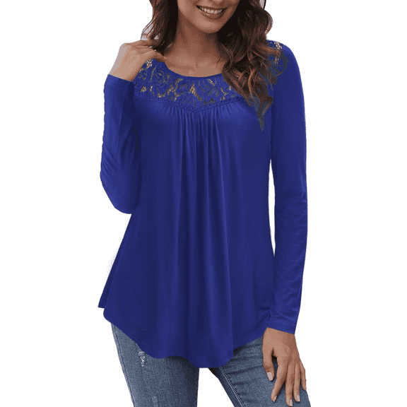 VERABENDI Women's Plus Size Tops Long Sleeve Tunic Shirts Splicing Lace Trim Loose Blouses,M-4XL