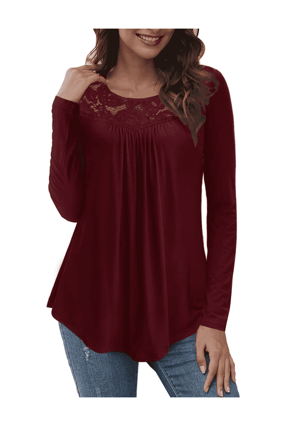 Women's Plus Size Tops Long Sleeve Tunic Shirts Splicing Lace Trim Loose Blouses,M-4XL