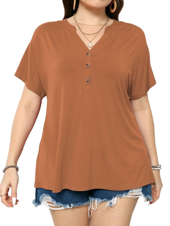 Women's Plus Size Tops Dropped Shoulder Short Sleeve Blouses Button Up V Neck T-Shirts,1X/2X/3X/4X