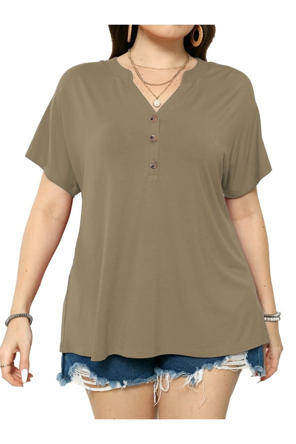 Women's Plus Size Tops Short Raglan Sleeves Casual Button Up V-Neck T Shirts,1X/2X/3X/4X