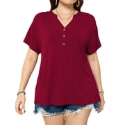 VERABENDI Women's Plus Size Tops Dropped Shoulder Short Sleeve Blouses Button Up V Neck T-Shirts,1X/2X/3X/4X