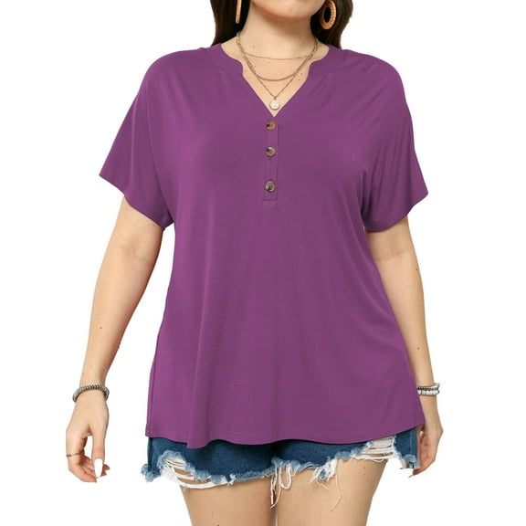 VERABENDI Women's Plus Size Tops Dropped Shoulder Short Sleeve Blouses Button Up V Neck T-Shirts,1X/2X/3X/4X