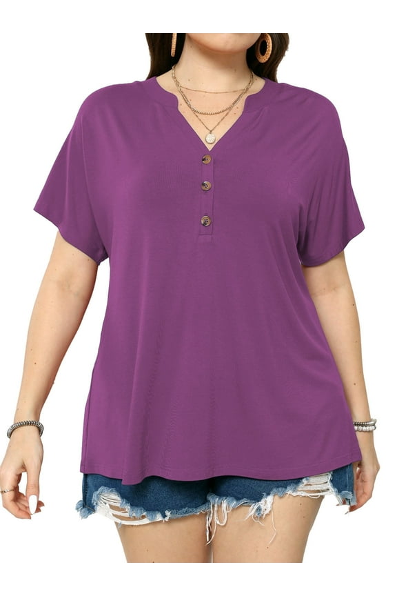 Women's Plus Size Tops Dropped Shoulder Short Sleeve Blouses Button Up V Neck T-Shirts,1X/2X/3X/4X