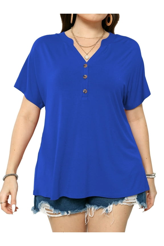 Women's Plus Size Tops Dropped Shoulder Short Sleeve Blouses Button Up V Neck T-Shirts,1X/2X/3X/4X