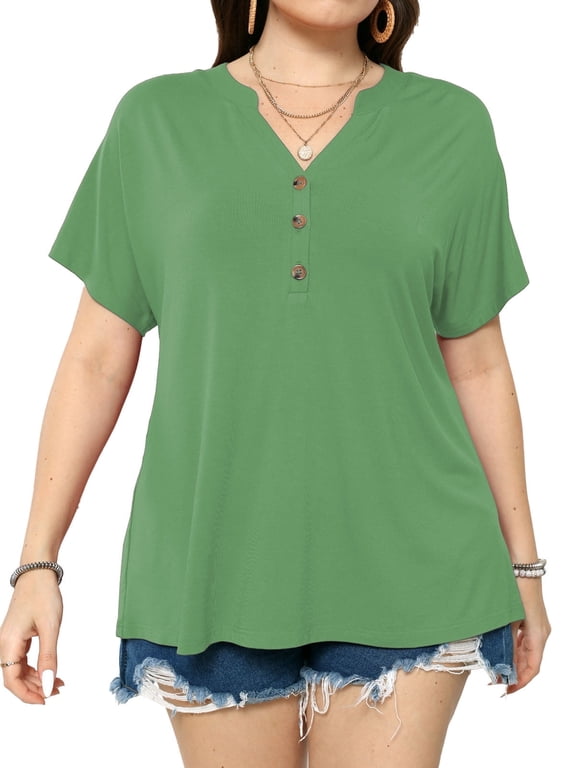 Women's Plus Size Tops Dropped Shoulder Short Sleeve Blouses Button Up V Neck T-Shirts,1X/2X/3X/4X