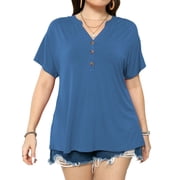 VERABENDI Women's Plus Size Tops Dropped Shoulder Short Sleeve Blouses Button Up V Neck T-Shirts,1X/2X/3X/4X