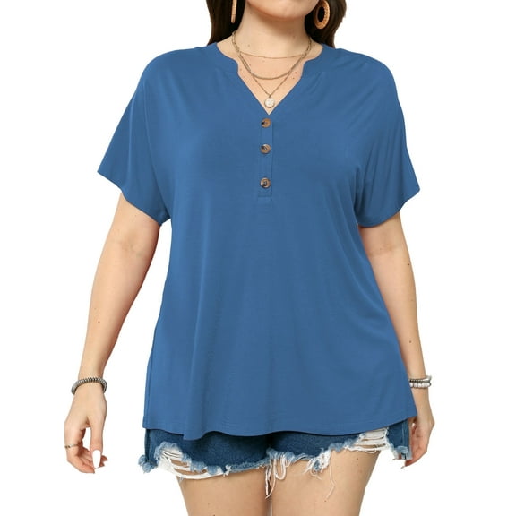 VERABENDI Women's Plus Size Tops Dropped Shoulder Short Sleeve Blouses Button Up V Neck T-Shirts,1X/2X/3X/4X