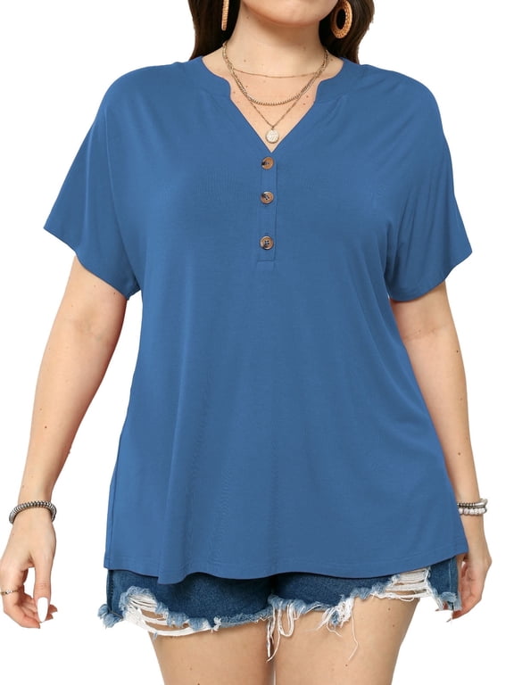 Women's Plus Size Tops Dropped Shoulder Short Sleeve Blouses Button Up V Neck T-Shirts,1X/2X/3X/4X